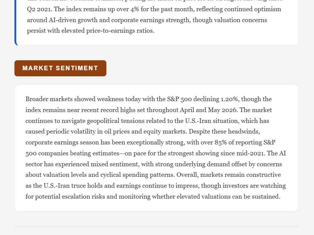 The market sentiment section at the bottom of the evening report