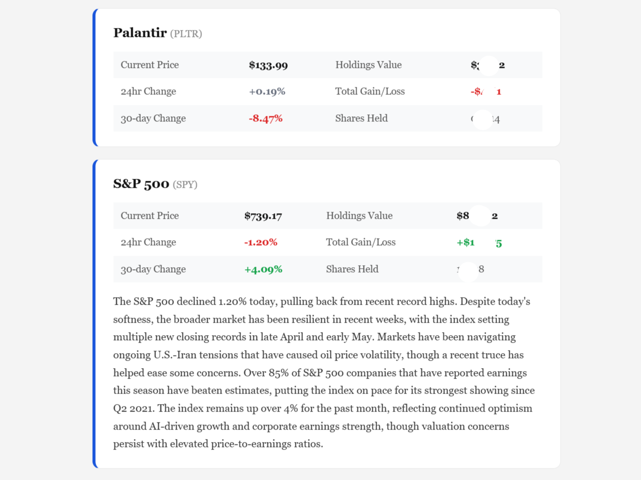 Two ticker sections from the report: one with sentiment commentary, one showing data only on a flat day