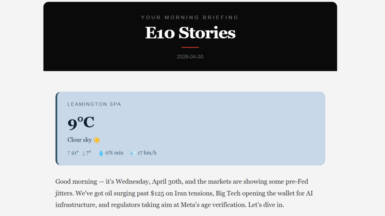 E10 Stories email header with branding and date