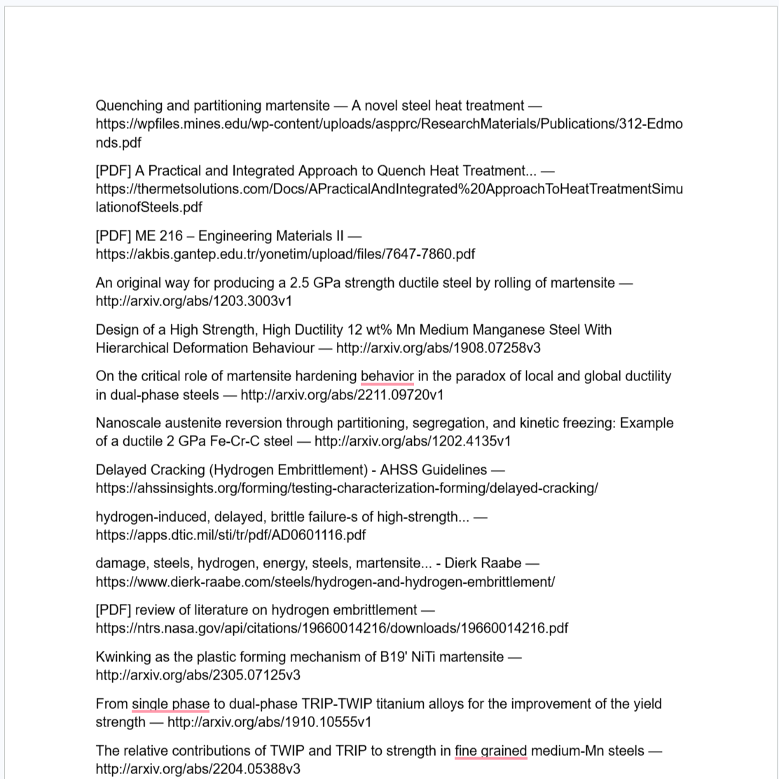 The sources section of a Deep Report, showing numbered arXiv and web sources with links