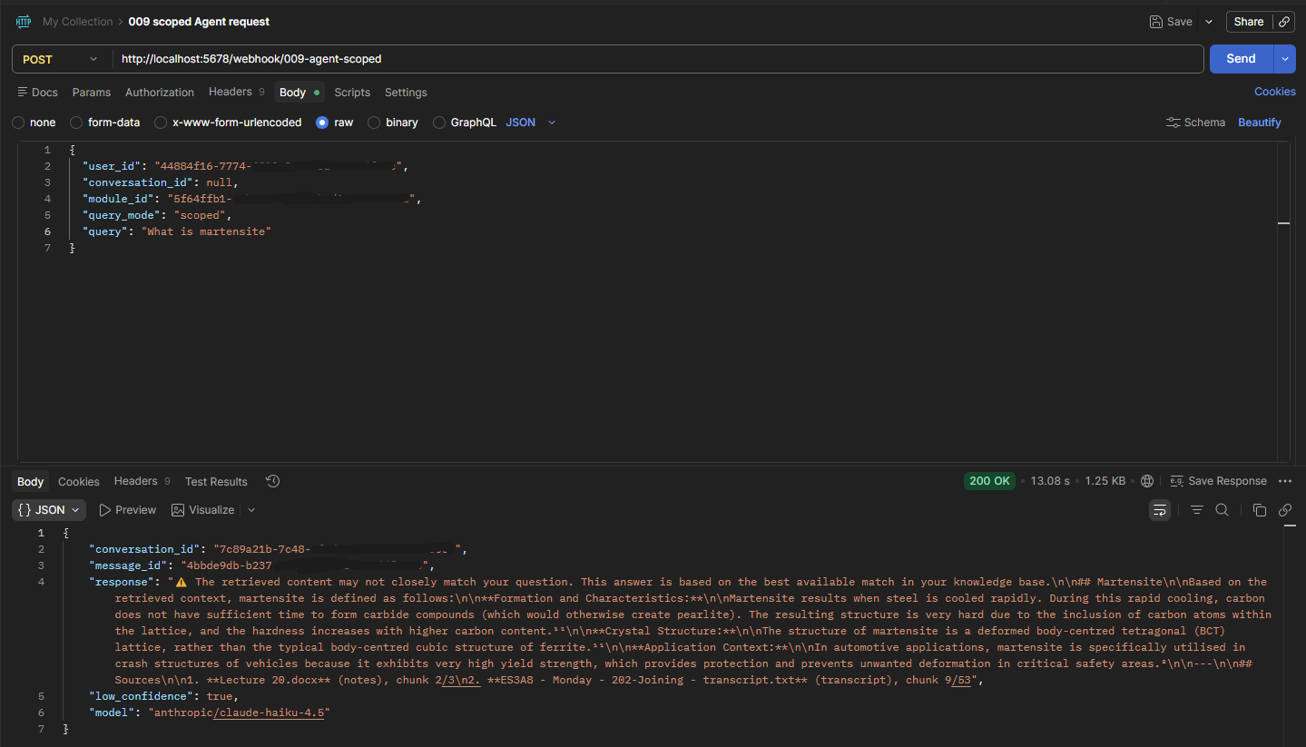 A terminal output from the retrieval service showing ranked chunks with similarity scores and source metadata