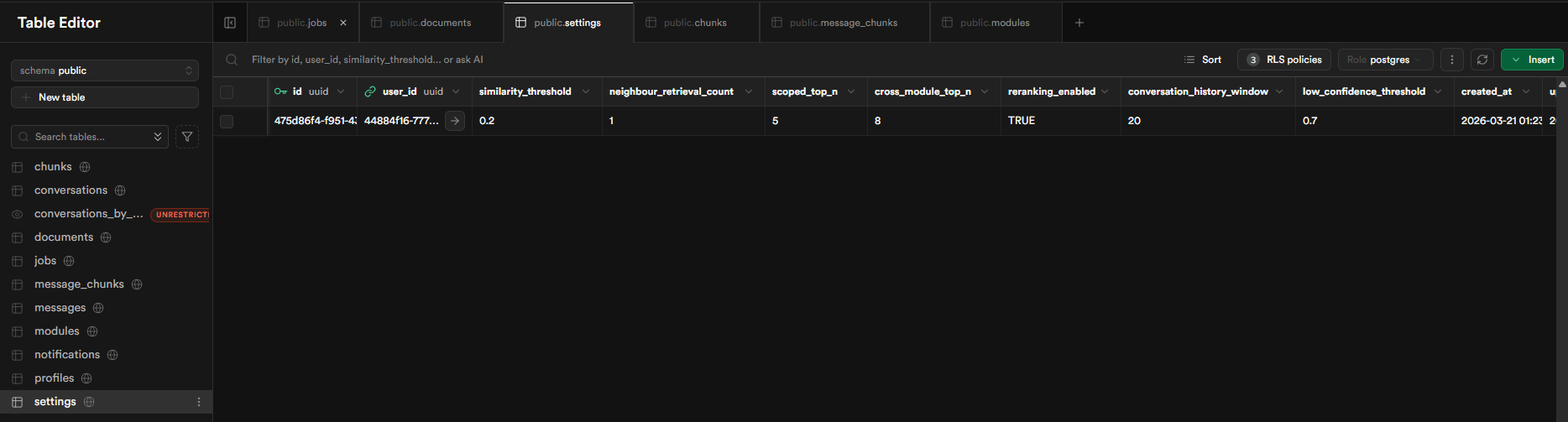The Supabase settings table showing per-user retrieval parameters and their defaults