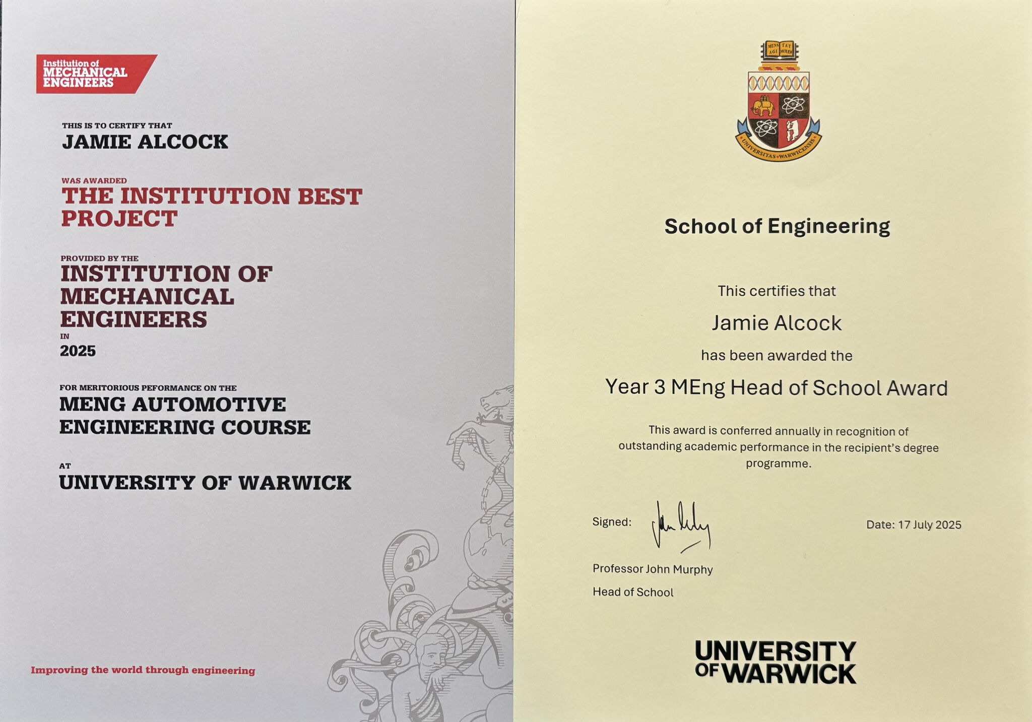 IMechE Best Project Award and Year 3 Head of School Award